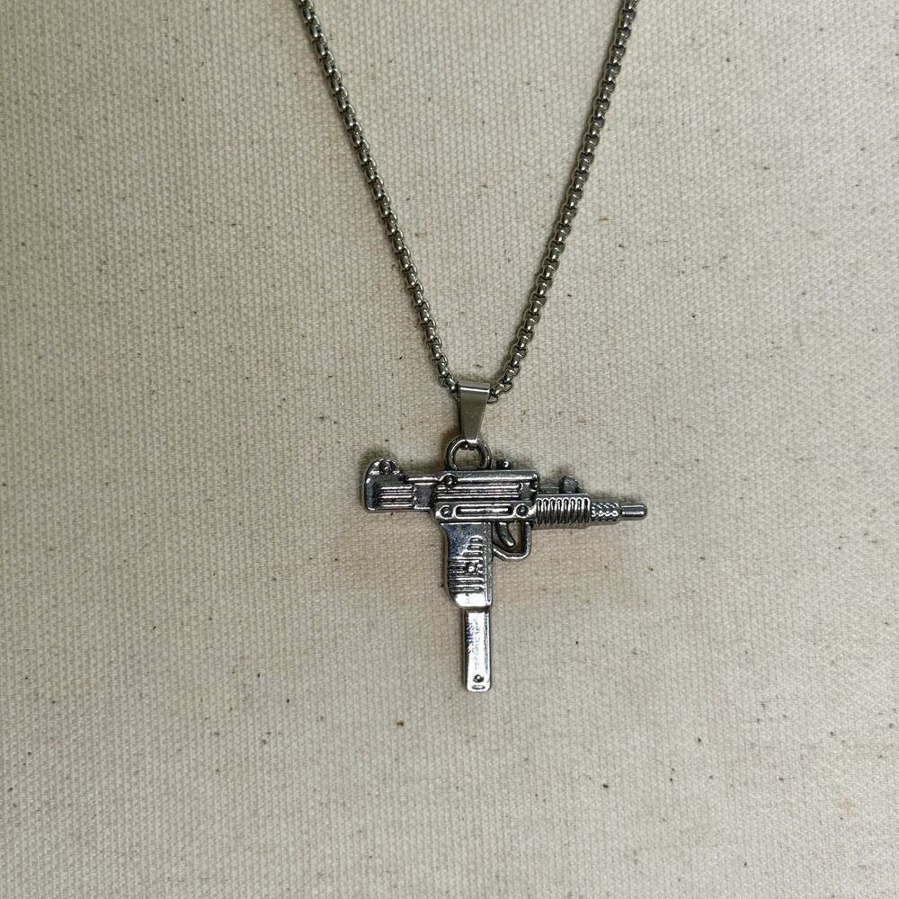Y2K Silver Stainless Steel Uzi Necklace Urban Pendant Unisex Streetwear New - Picture 9 of 10